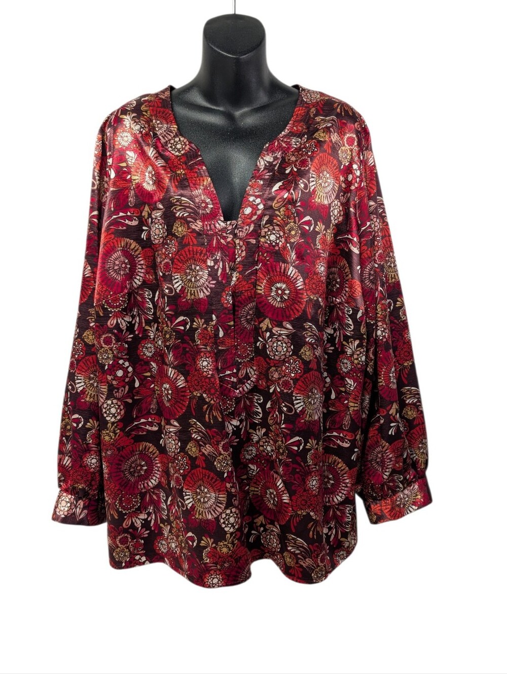 Covington Woman Womens Plus 22W Red Floral V-Neck Long Sleeve Jersey Zip Blouse